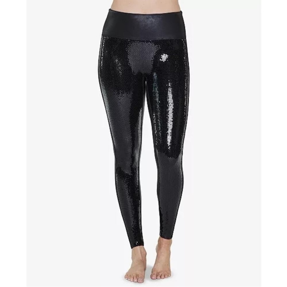 Spanx Black Sequin Faux Leather High Rise Leggings - M